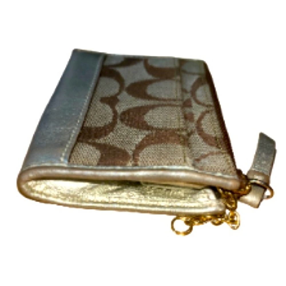 Coach “C” Signature Brown Small Change Purse Wallet Gold Leather Logo & Chain - Picture 5 of 7